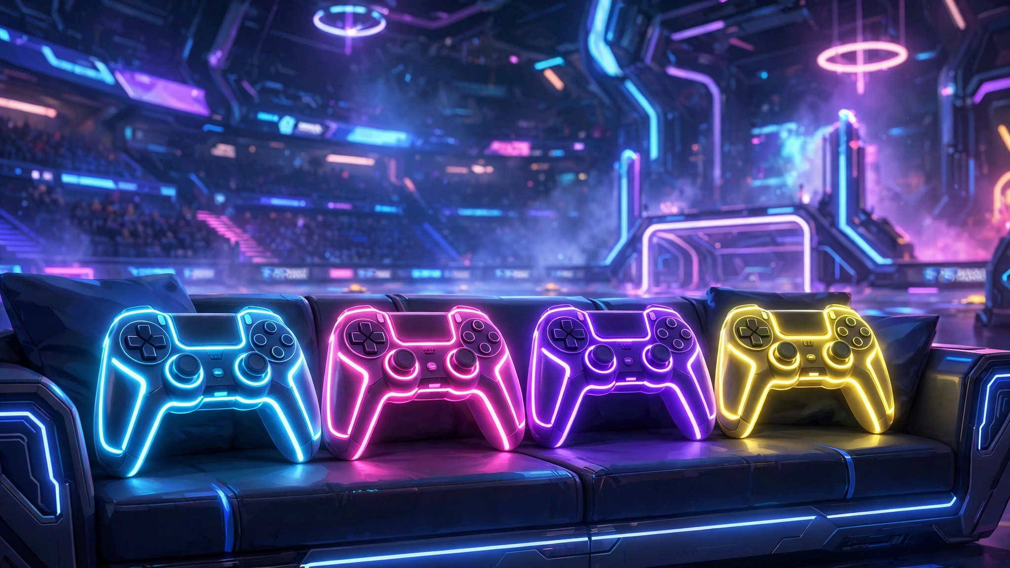Four glowing neon game controllers on a futuristic gaming setup with esports arena light