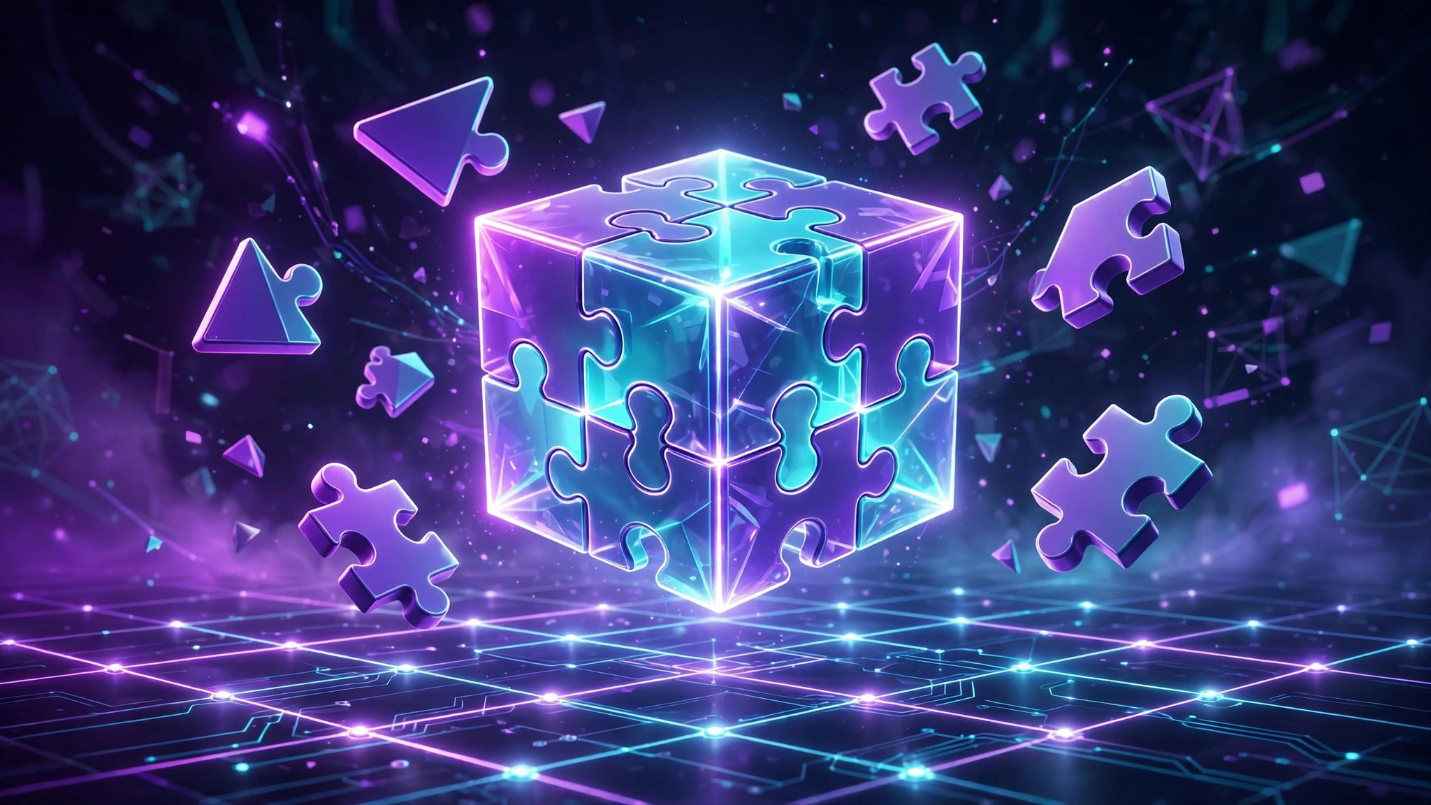 Glowing 3D puzzle cube and floating geometric puzzle pieces over a neon grid