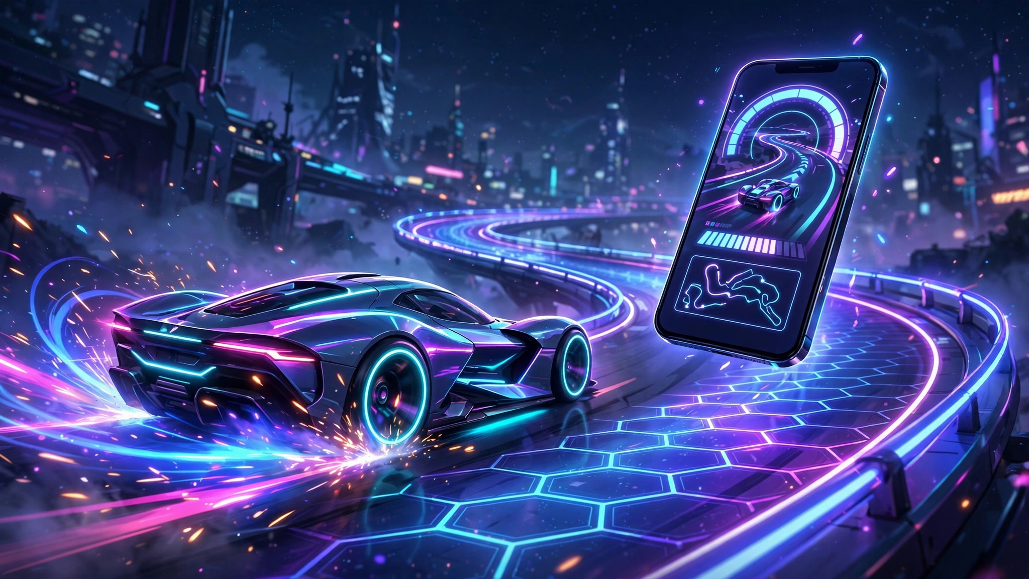 Stylized race car drifting with neon light trails on a glowing night track