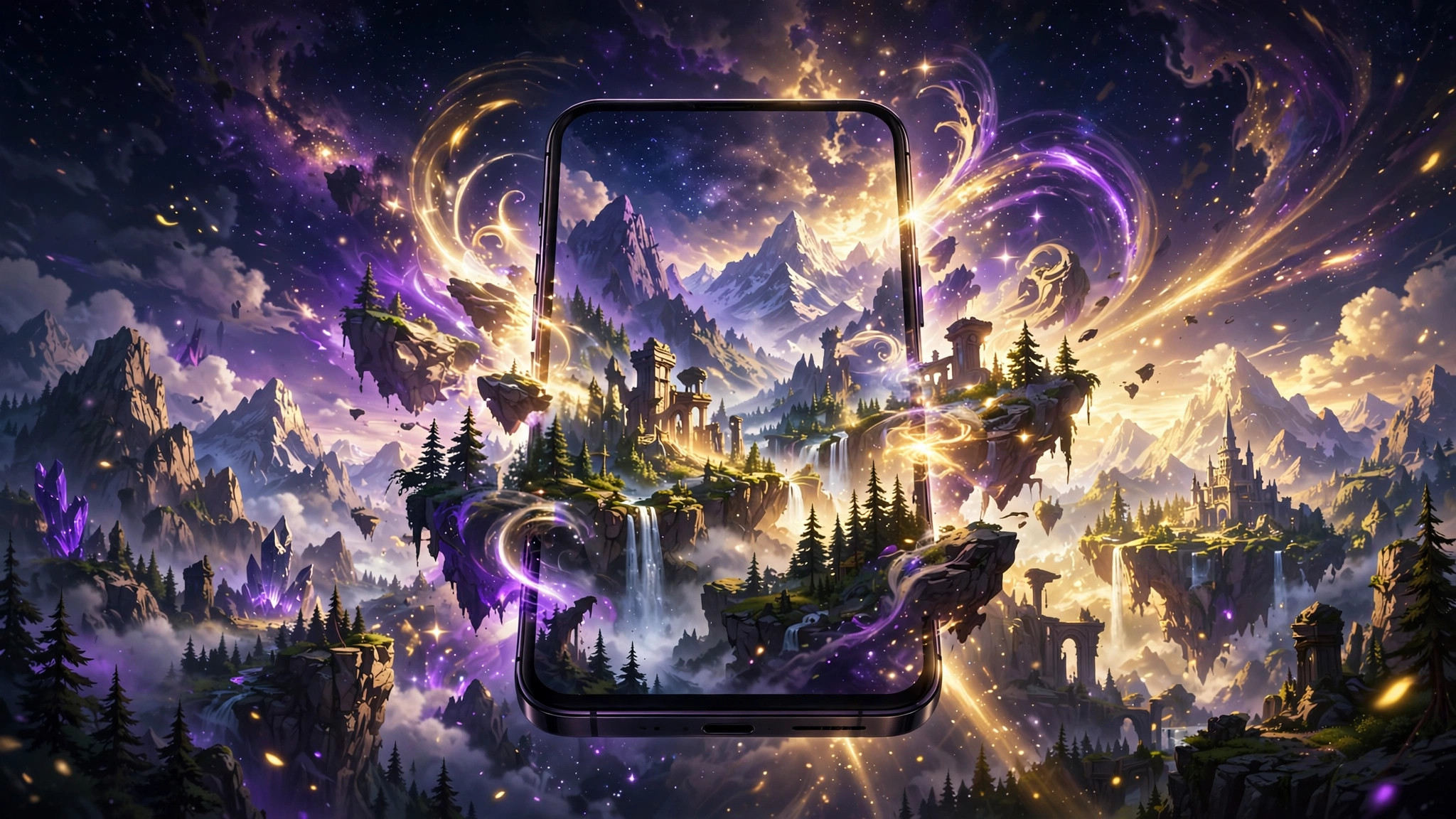 Fantasy story world unfolding from a glowing smartphone screen in purple and gold light