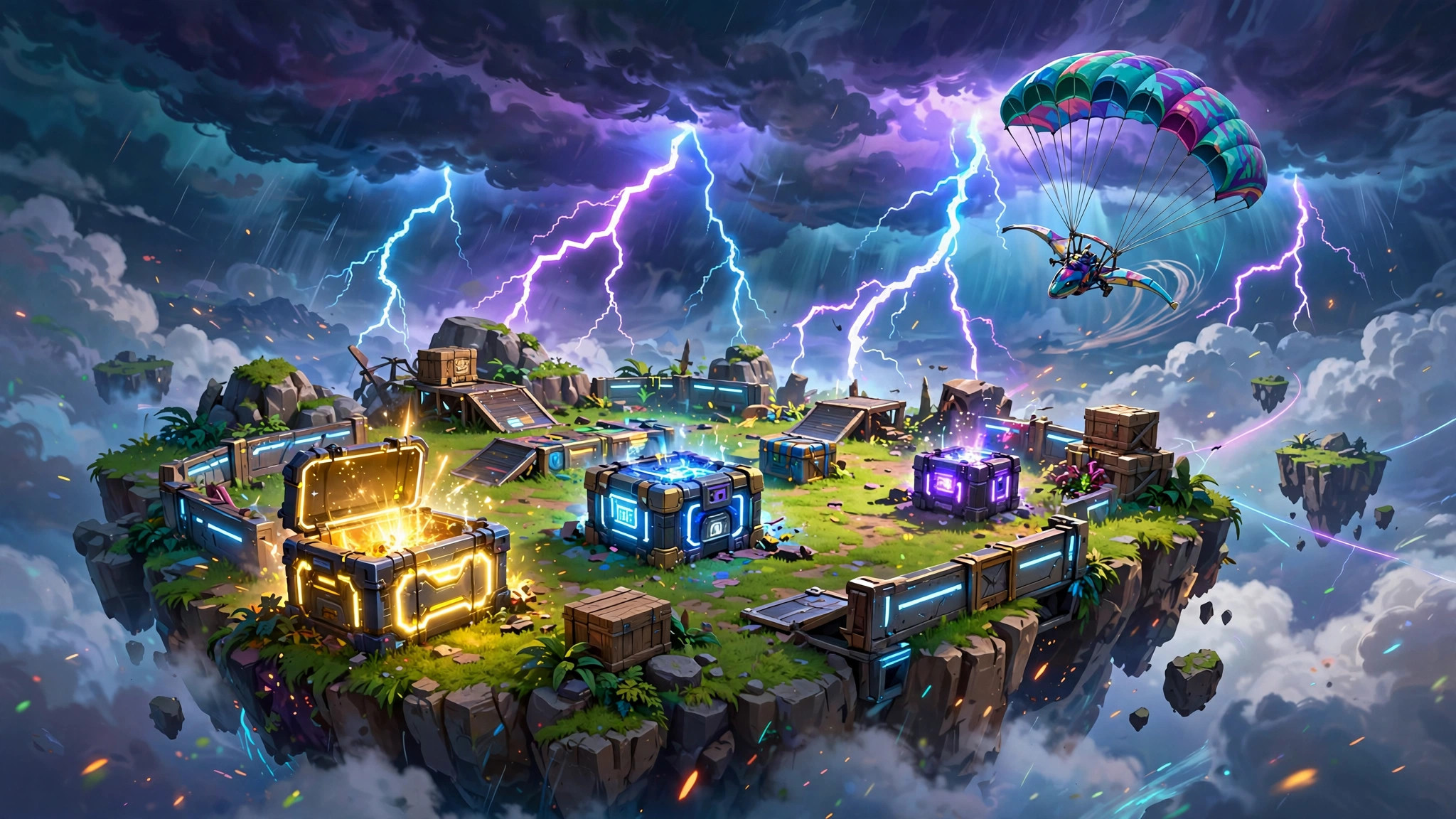 Colorful battle-arena island with storm clouds and a glider over a glowing game landscape
