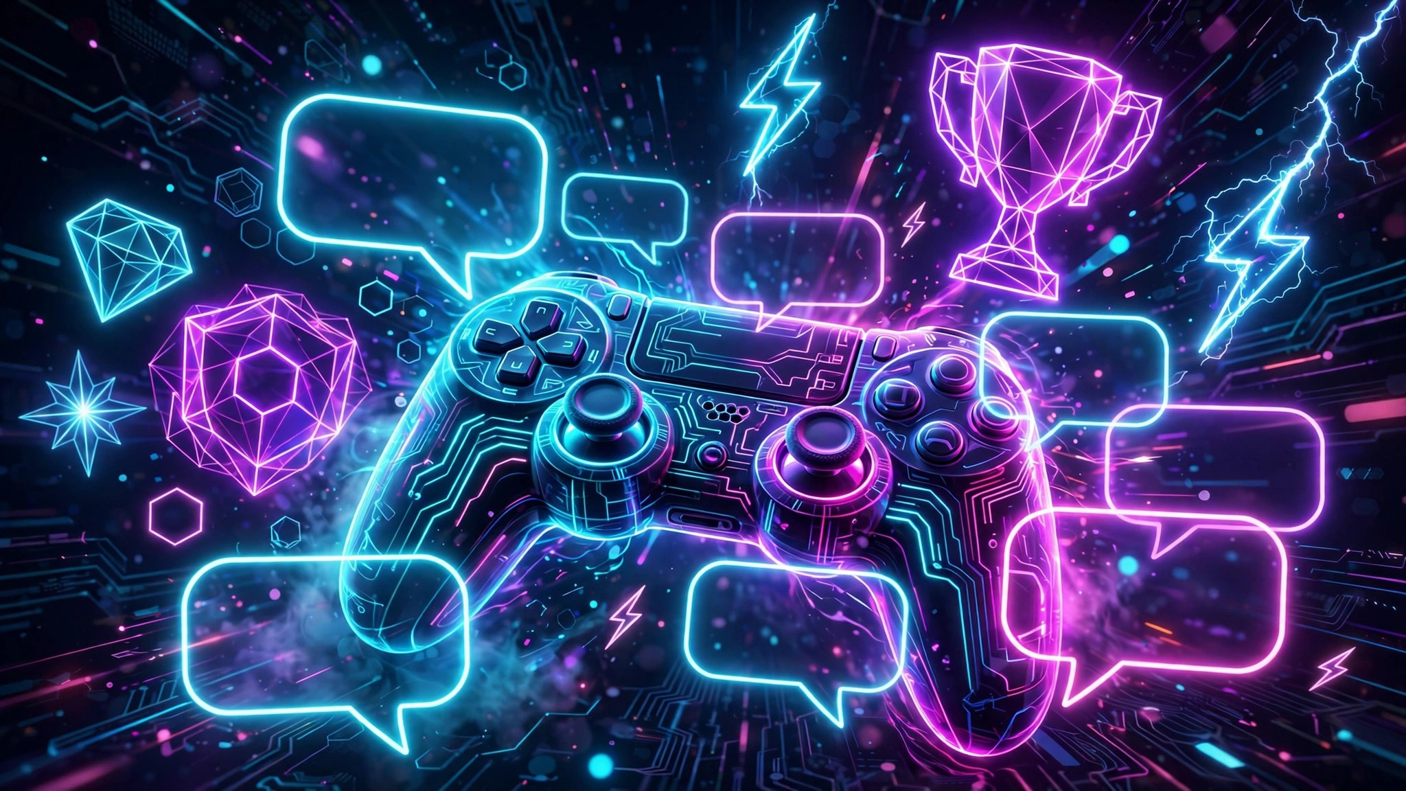 Neon game controller with glowing speech bubbles and gamer icons in cyan and magenta light