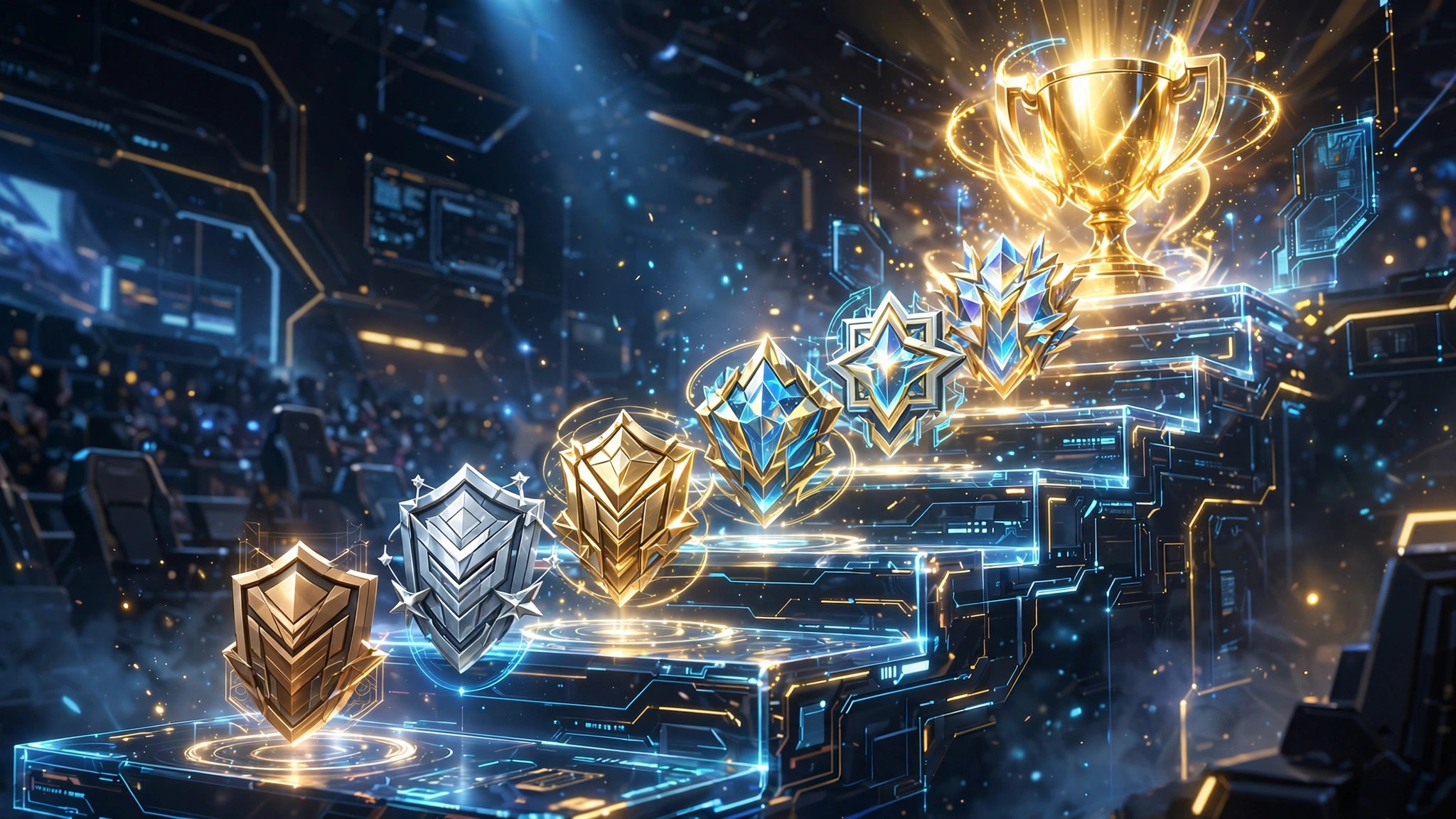 Holographic ranked ladder of glowing badges rising toward a radiant champion trophy