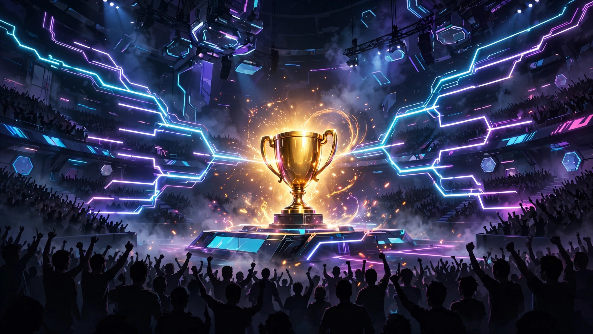 Grand esports arena stage with a giant glowing trophy and bracket light beams