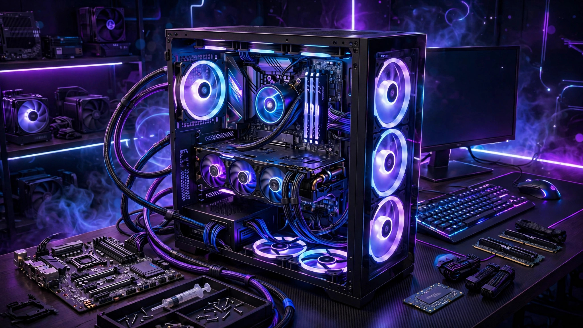 Illustration of a glowing gaming PC tower with visible internal components and RGB lighting on a neon-lit desk