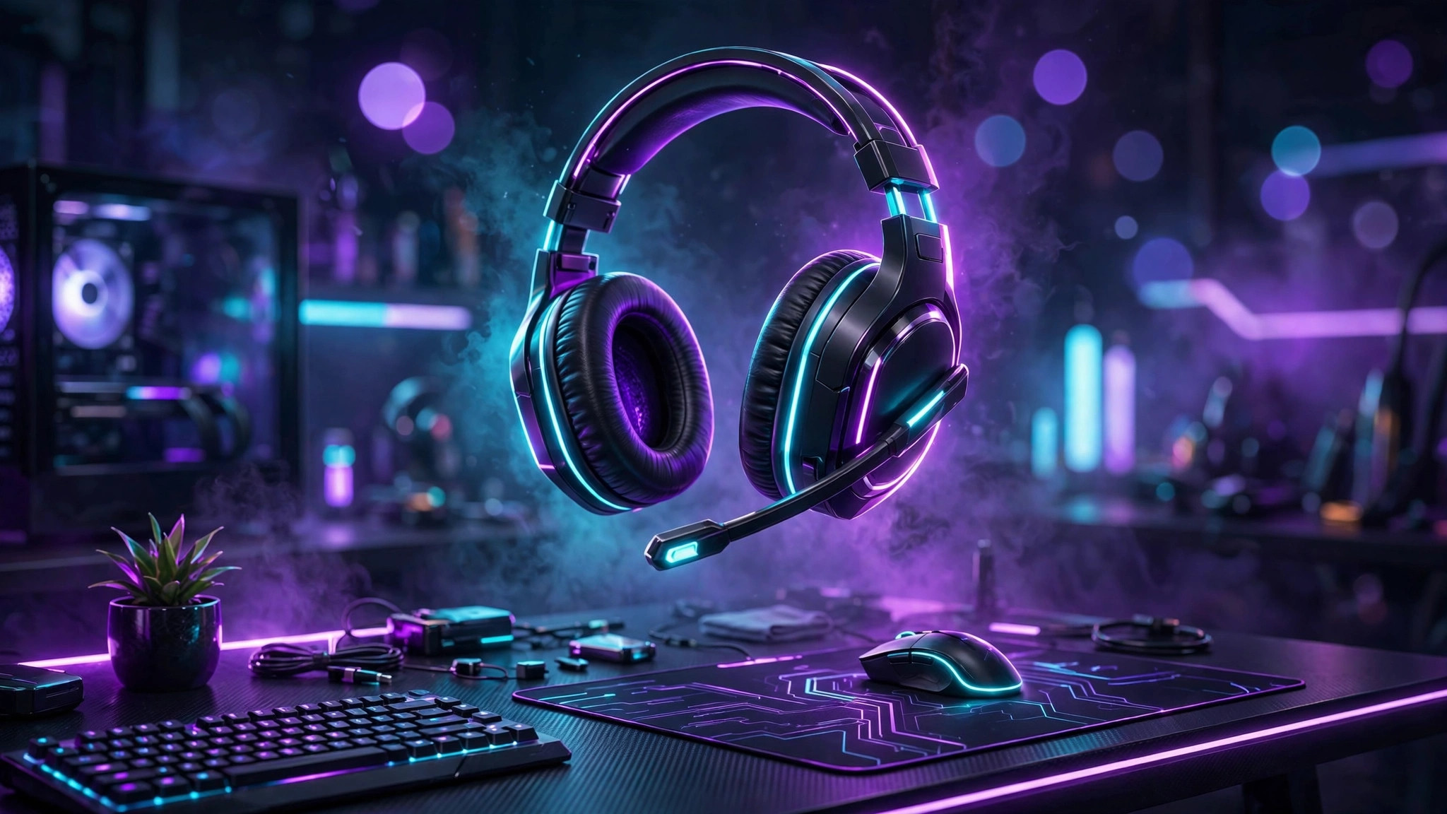 Illustration of a gaming headset with glowing neon accents floating above a gamer desk in purple and cyan light