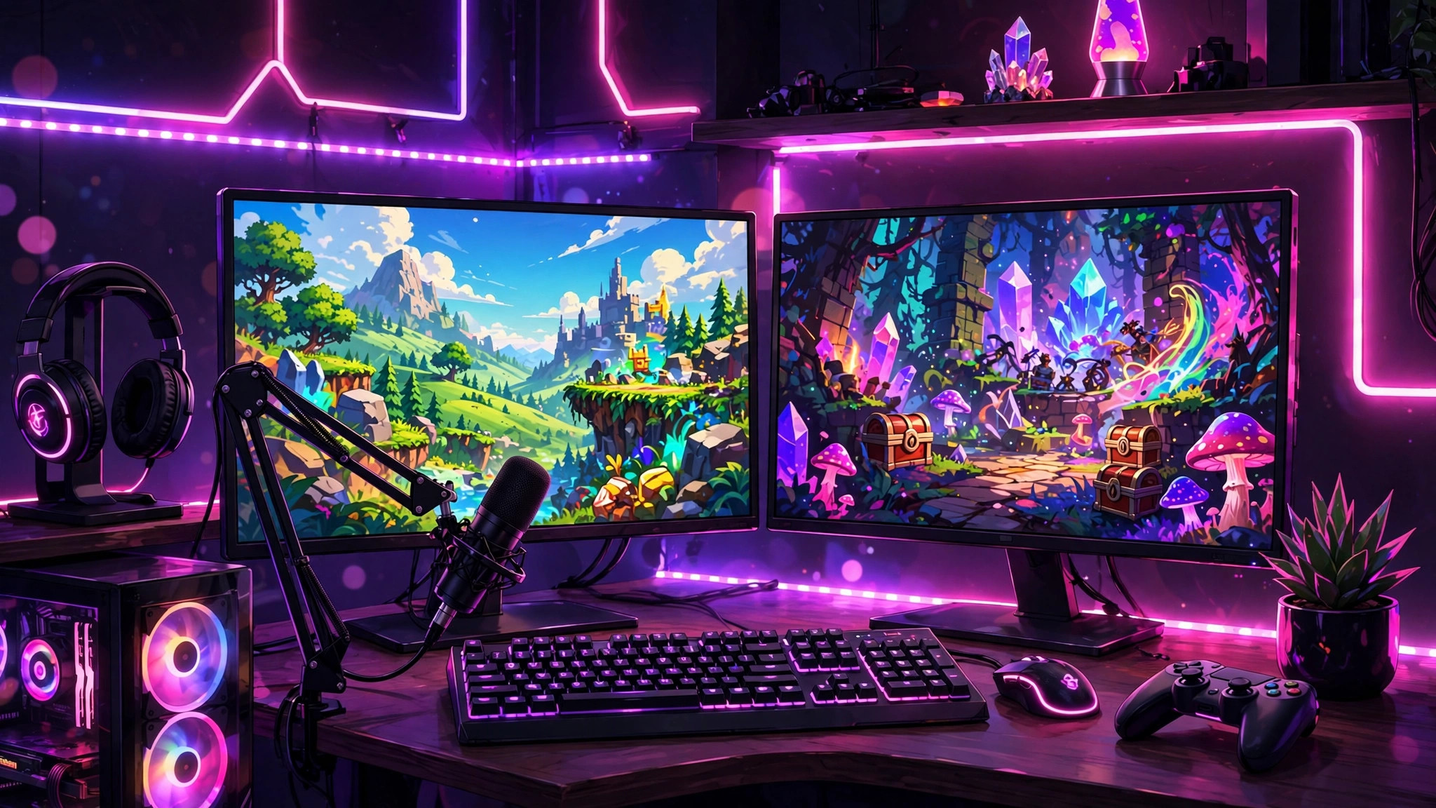 Illustration of a streamer desk setup with dual glowing monitors, a professional microphone, and neon LED lighting