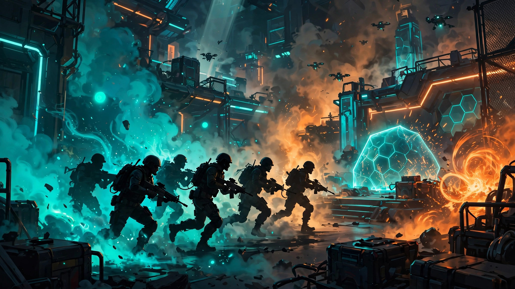 Digital art of silhouetted tactical shooter operatives advancing through a neon-lit futuristic arena