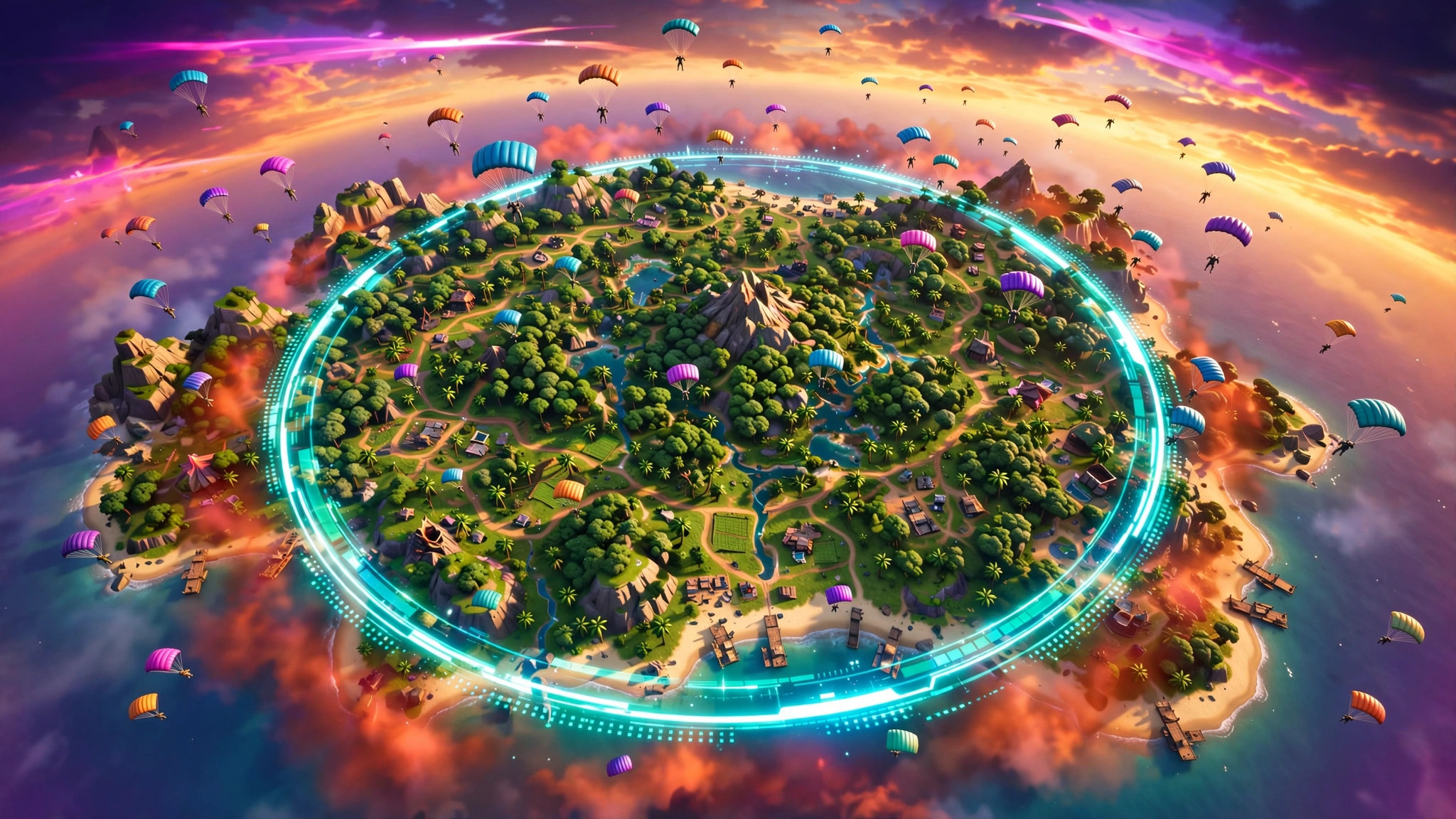 Illustration of parachutes descending onto a tropical island map inside a glowing safe-zone ring