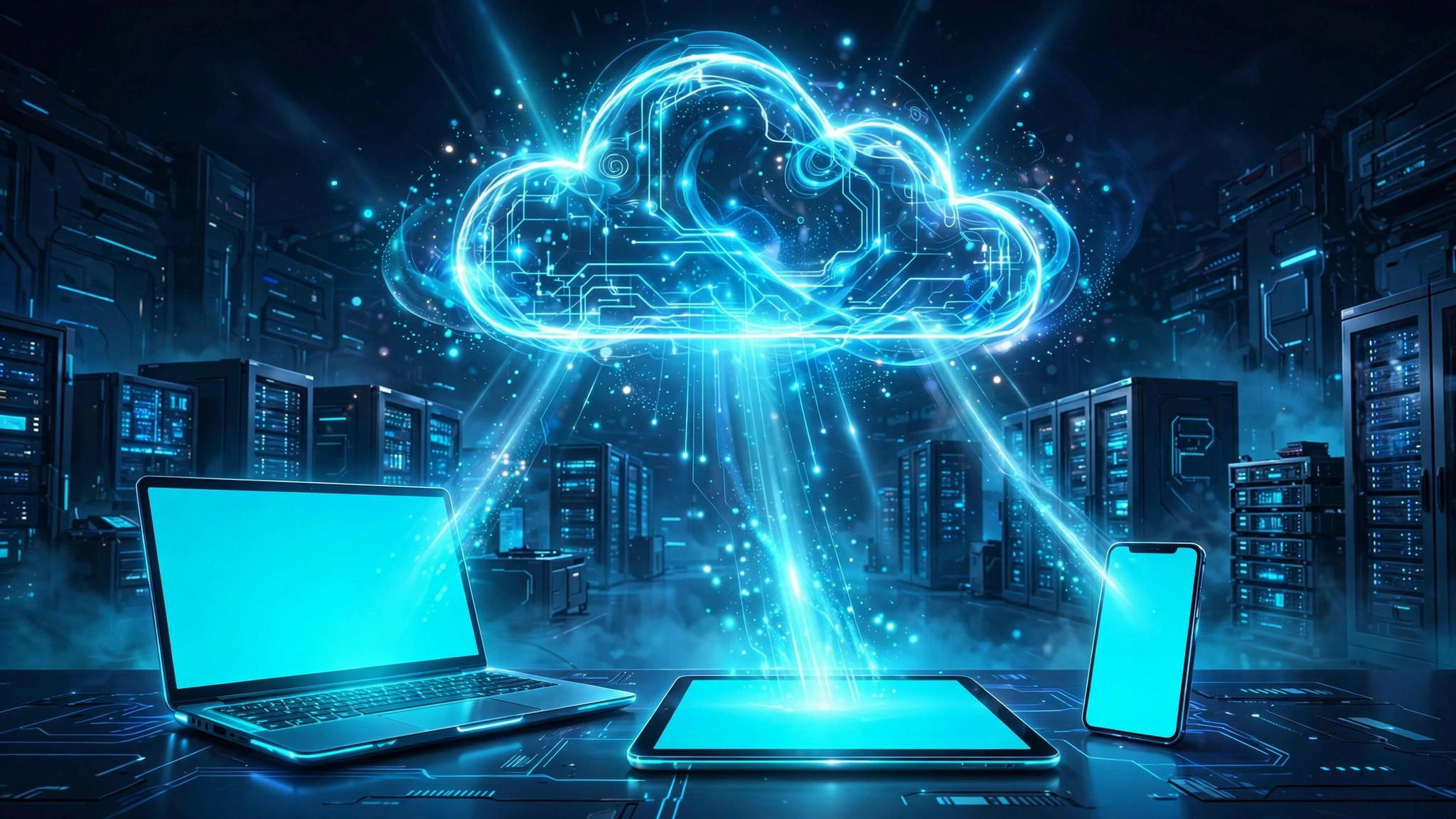 Illustration of a glowing cloud beaming game streams down to a laptop, tablet and phone