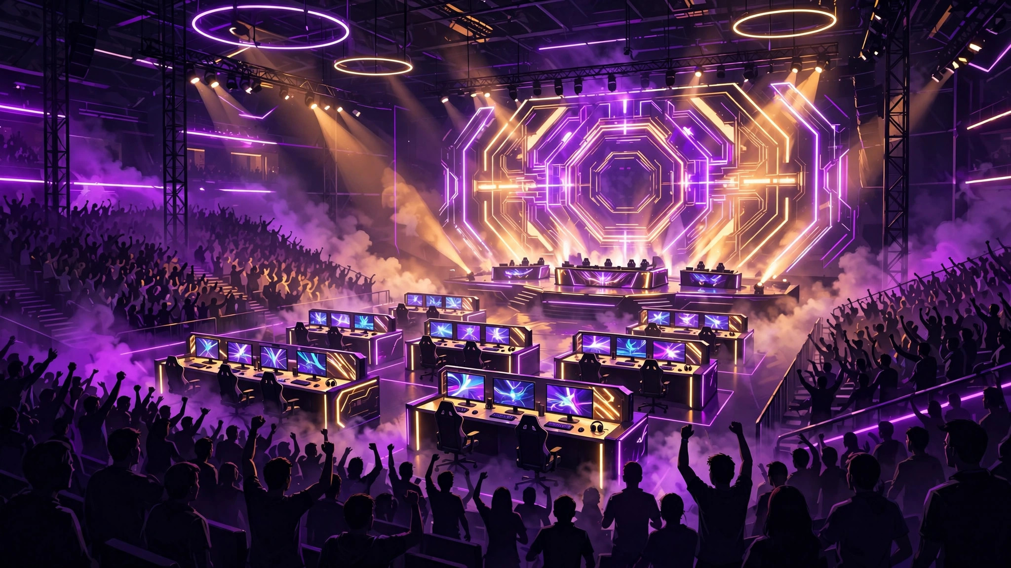 Illustration of a packed neon-lit esports arena with a glowing stage and gaming booths